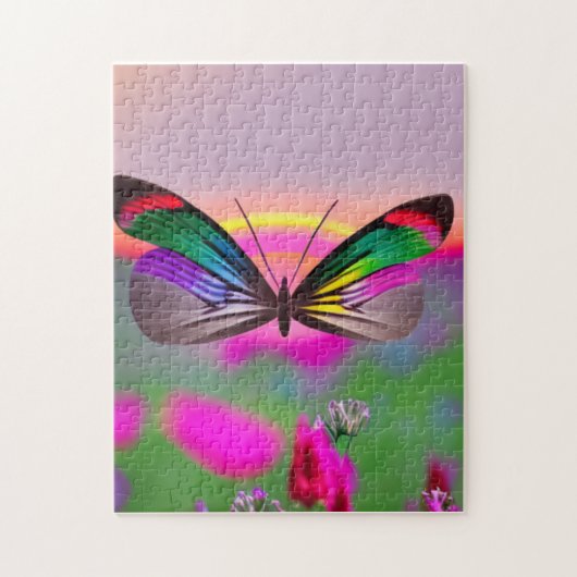 花の野飛んでいるを横切るレインボーバタフライ ジグソーパズル (縦)