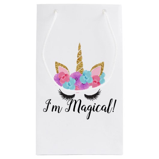花の金ゴールドの魔法のユニコーンの女の子 スモールペーパーバッグ (裏面)