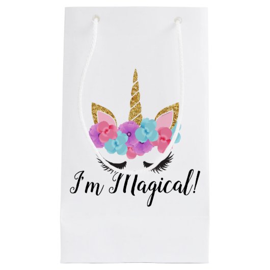 花の金ゴールドの魔法のユニコーンの女の子 スモールペーパーバッグ (正面)