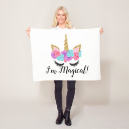 花の金ゴールドの魔法のユニコーンの女の子 フリースブランケット