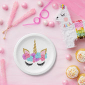 花の金ゴールドの魔法のユニコーンの女の子 ペーパープレート (パーティー)