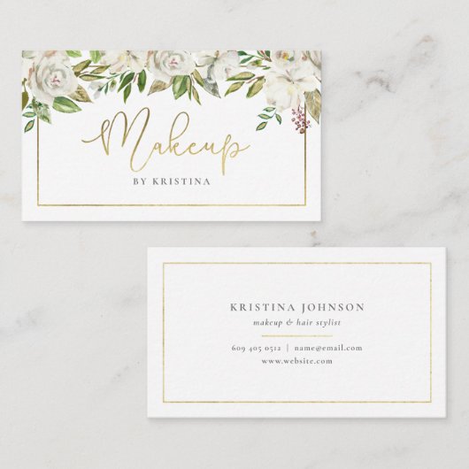 花の金ゴールドフレームのメーキャップアーティストの美容院 名刺 (正面/裏面)