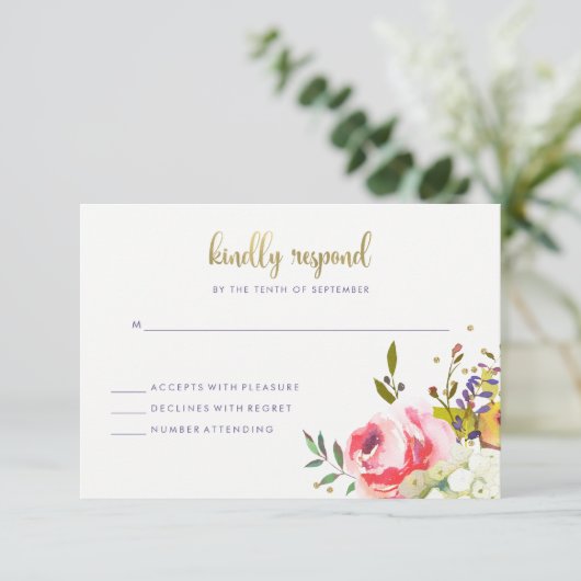 花の金ゴールド|のモダンな水彩画の結婚式の応答 出欠カード (スタンド正面)