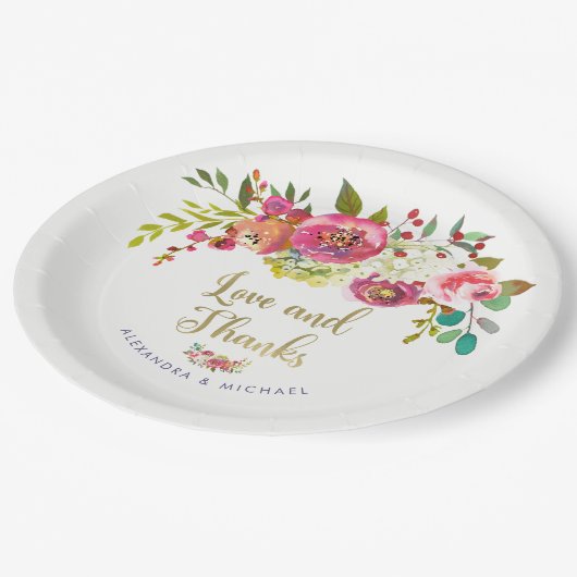 花の金ゴールド|の水彩画の結婚式の愛および感謝 ペーパープレート (アングル)