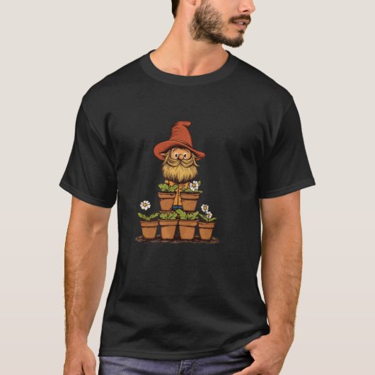 花の鉢の衣装を着たおもしろい庭のノーム Tシャツ (正面)