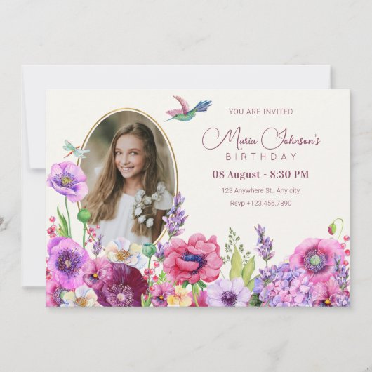 花の開花写真の誕生日 招待状 (正面)