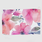 花の開花 | 水彩画のピンクの花を描いた ゴルフタオル (横)