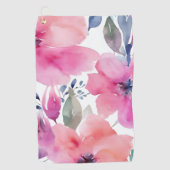 花の開花 | 水彩画のピンクの花を描いた ゴルフタオル (正面)