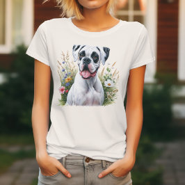 花の間で楽しむ白いボクサー犬 Tシャツ