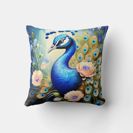 花の間に羽を表示するクジャク クッション (裏面)