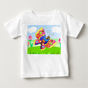 花の間の畑に浮かぶ明るい漫画の蝶 ベビーTシャツ