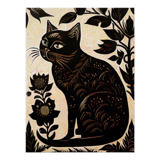 花の間の黒猫のリノカット ポスター (正面)