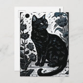 花の間の黒猫のリノカット ポストカード (正面/裏面)