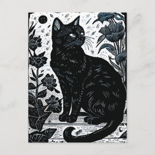 花の間の黒猫のリノカット ポストカード