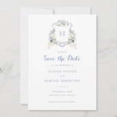 花の青いアジサイの紋章モノグラム Save the Date 招待状 (正面)