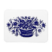 花の青いバスケット木版画 マグネット (横)