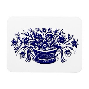 花の青いバスケット木版画 マグネット