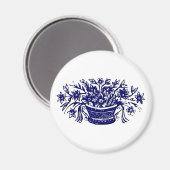 花の青いバスケット木版画 マグネット (正面/裏面)