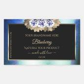 花の青いバラ 黒 商品ラベル 大理石フレーム 長方形シール (正面)