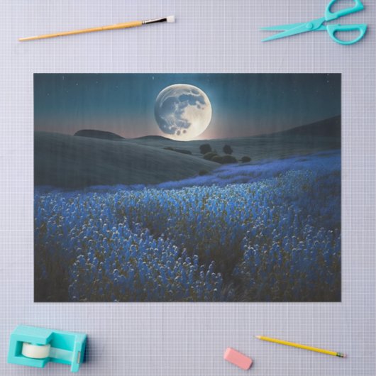 花の青いフィールド上の満月の切り離し 薄葉紙 (クラフト)