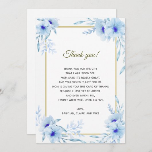 花の青い金ゴールドのベビーシャワーのサンキューカード サンキューカード (正面/裏面)