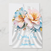 花の青ピンク黄色のお誕生日パーティー 招待状 (正面)