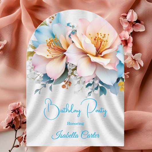 花の青ピンク黄色のお誕生日パーティー 招待状