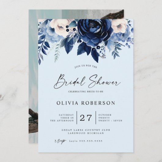 花の青結婚ブライダルシャワー 招待状 (正面/裏面)
