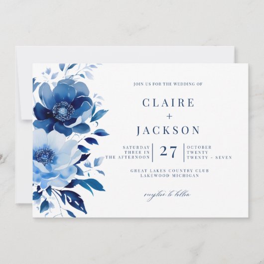 花の青結婚色 招待状 (正面)