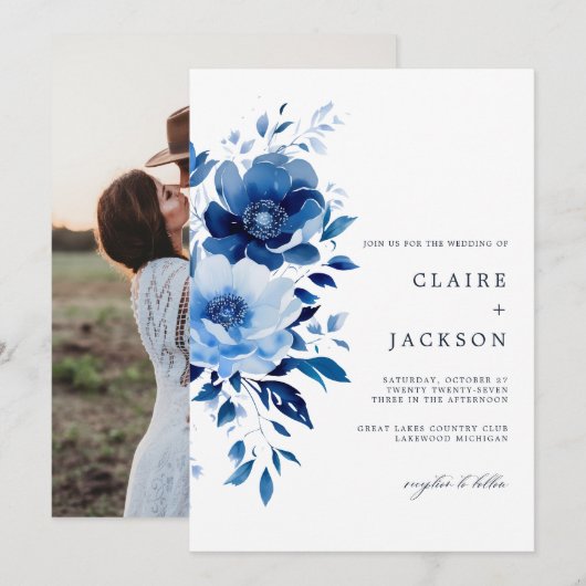 花の青結婚色 招待状 (正面/裏面)