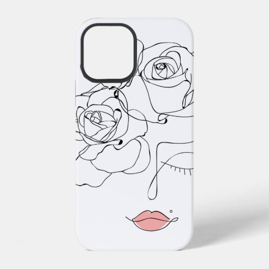 花の頭の芸術、線画の花を持つ女性、 iPhoneケース (裏面)