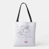 花の頭芸術、ラインアートの女性と花 トートバッグ (裏面)