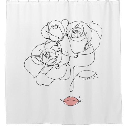 花の頭、花を持つラインアートの女性  シャワーカーテン (正面)
