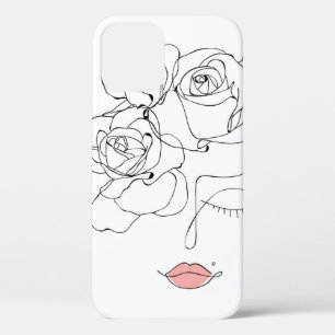 花の頭、花を持つラインアートの女性 iPhone 12ケース