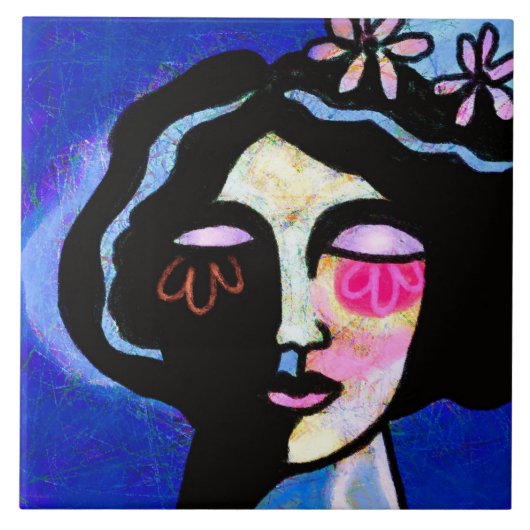花の顔抽象芸術デジタルポートレートの女性 タイル (正面)
