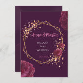 花の飾られたバーガンディの金のフレーム 招待状 (正面/裏面)
