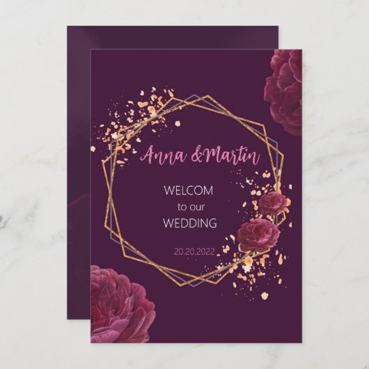 花の飾られたバーガンディの金のフレーム 招待状 (正面/裏面)