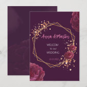 花の飾られたバーガンディーのゴールドフレーム 招待状 (正面/裏面)
