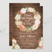 花の飾られたパンプキンの素朴な木のリースのベイビーシャワー 招待状 (正面/裏面)