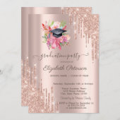 花の飾られた卒業帽 ローズゴールド グリッター ドリップス 招待状 (正面/裏面)