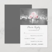 花の飾りがついたメイソンジャーとラスティックな紐のライト ウェディングの出欠確認 出欠カード (正面/裏面)