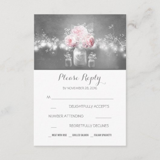 花の飾りがついたメイソンジャーとラスティックな紐のライト ウェディングの出欠確認 出欠カード (正面)