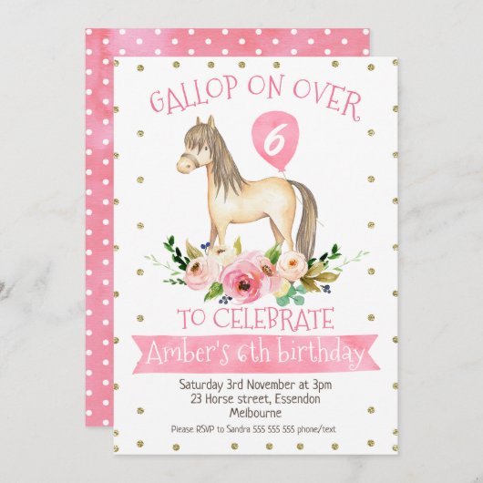 花の馬の誕生日パーティー招待状 招待状 (正面/裏面)
