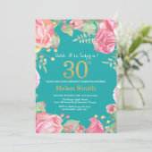 花の驚きの第30誕生日の金ゴールドおよびティール(緑がかった色) 招待状 (スタンド正面)