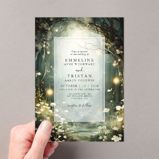 花の魅惑的な森のパス緑結婚色 アクリル招待状 (インサイチュ (ポータブル))