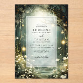 花の魅惑的な森のパス緑結婚色 アクリル招待状 (正面)