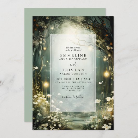 花の魅惑的な森のパス緑結婚色 招待状 (正面/裏面)
