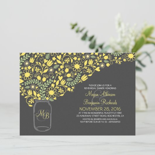 花の黄色いメーソンジャーのかわいいリハーサルの夕食 招待状 (スタンド正面)