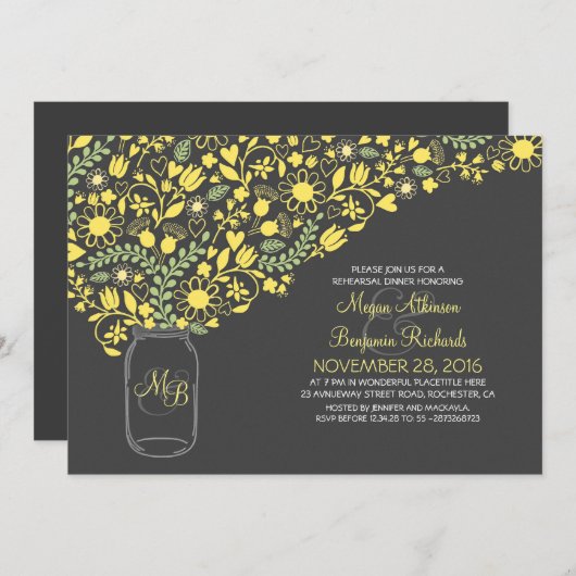 花の黄色いメーソンジャーのかわいいリハーサルの夕食 招待状 (正面/裏面)