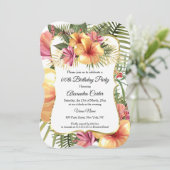 花の黄色とピンクのトロピカルなハイビスカス ゴールド 誕生日 招待状 (スタンド正面)